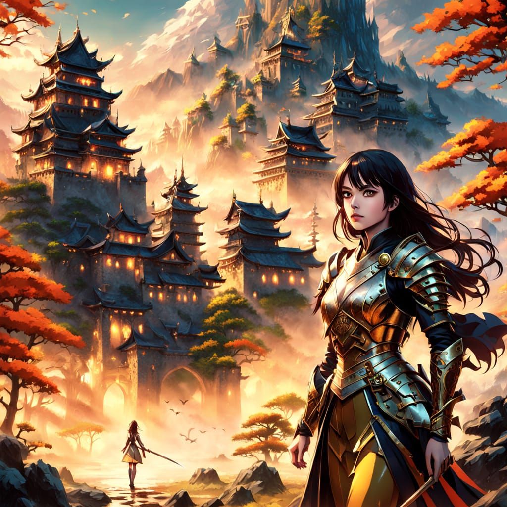 Anime Heroine Approaches Castle in Misty Landscape