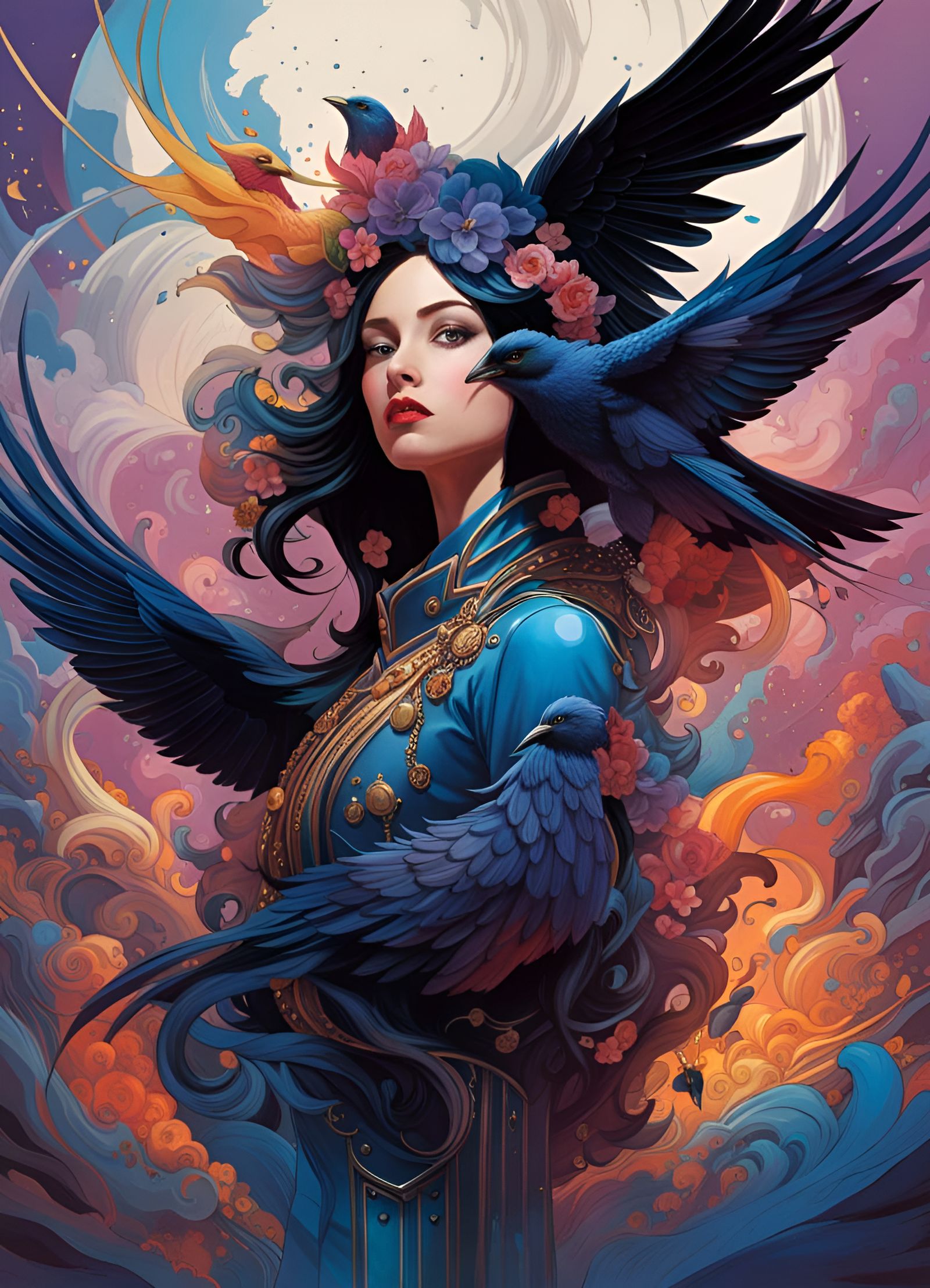 Cosmic Crow Astronaut in Marbled Oil Splash Style