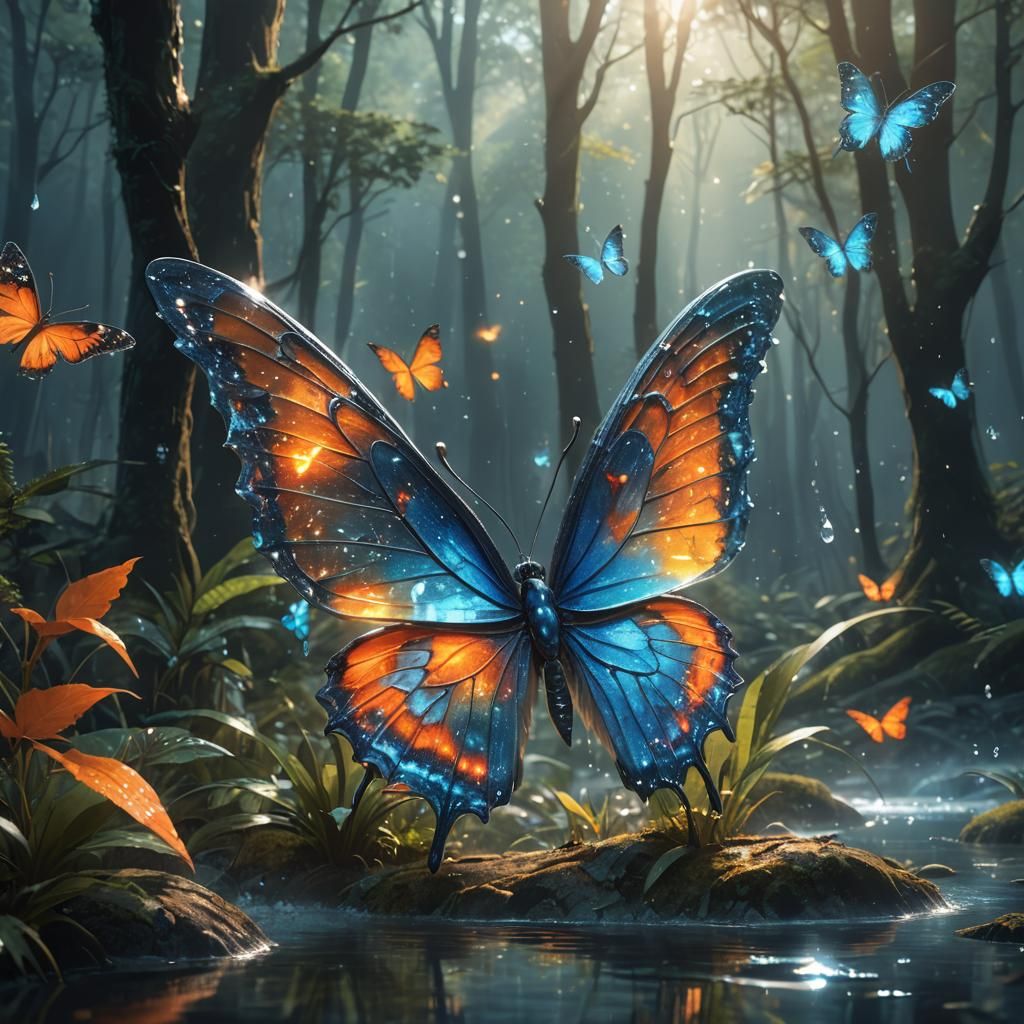 Crystal Butterfly in Misty Forest: Fantasy Concept Art