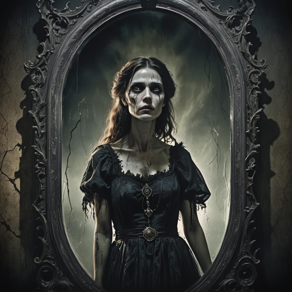 Woman and Haunted Mirror in Dark Fantasy Style