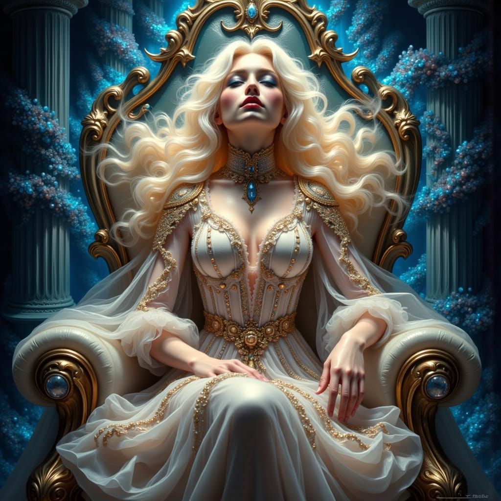 Regal Queen on Crystal Throne in Art Nouveau Style