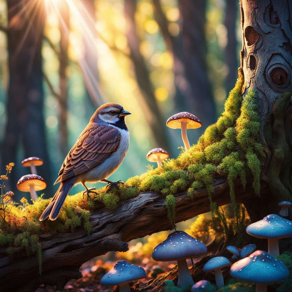 Whimsical Watercolor of Majestic Sparrow in Enchanted Forest