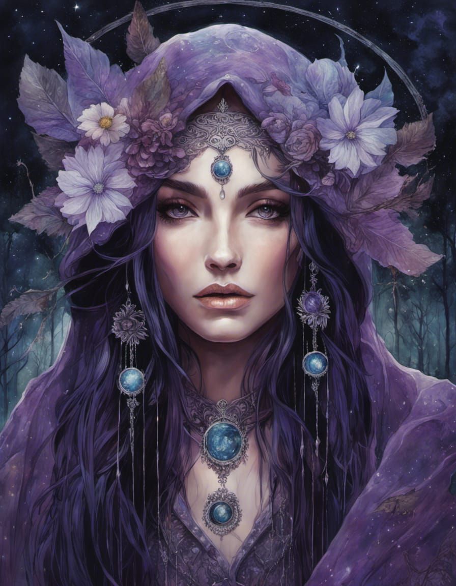 Dream Witch Portrait with Moonflower in Fantasy Art