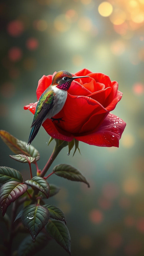 Hummingbird and Rose in Ethereal Light