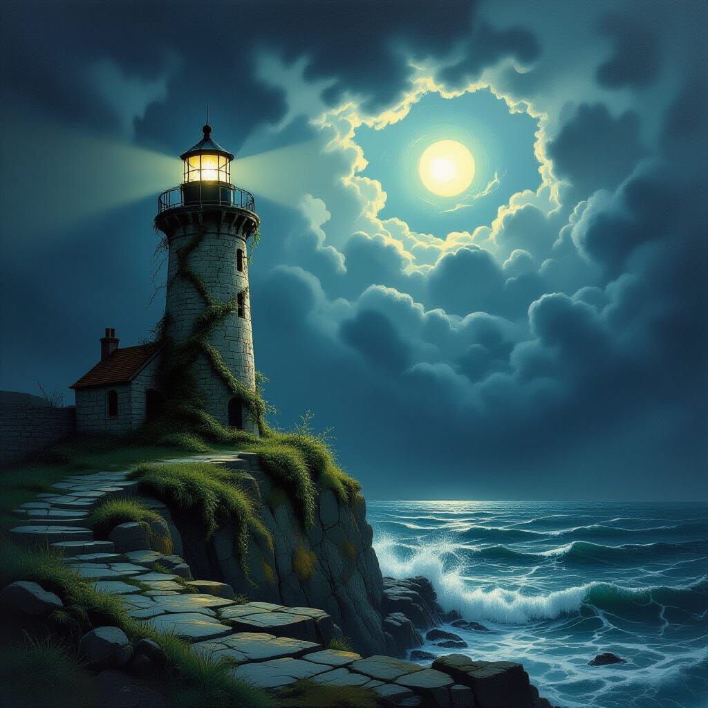 Solitary Lighthouse on Crumbling Cliffside in Dramatic Light