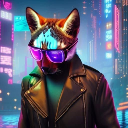 Cyberpunk Cat in Neon Cityscape