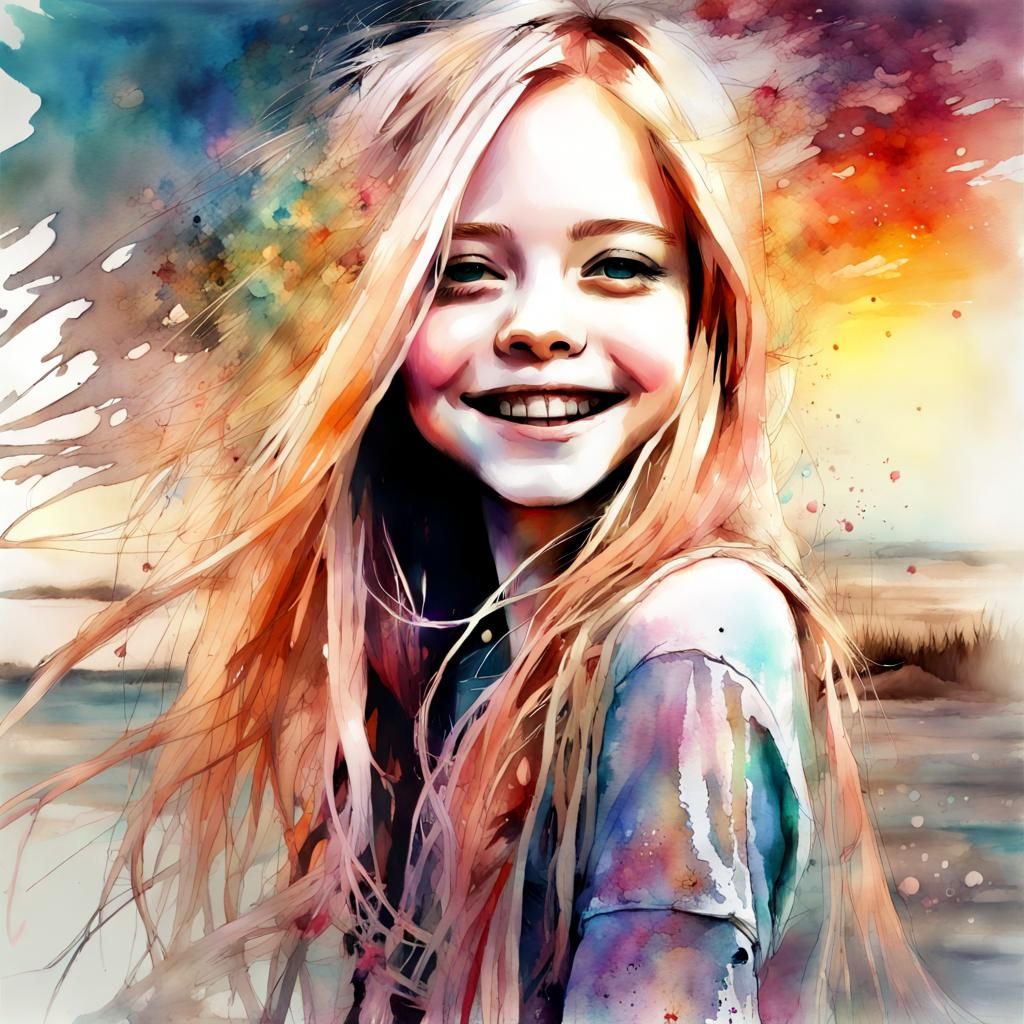 Chibi Avril Lavigne in Watercolor Fantasyscape