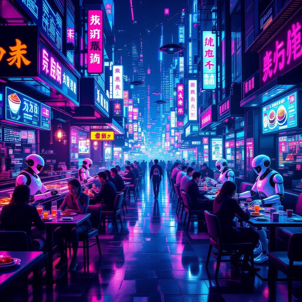 Futuristic AI City with Neon Shops and Robot Chefs