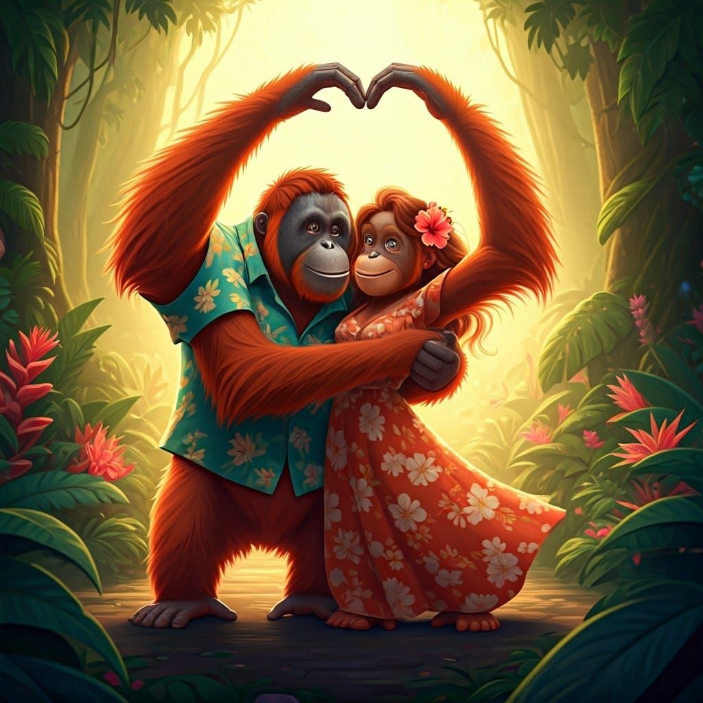 Vibrant Cartoon Orangutangs Dance in Lush Rainforest