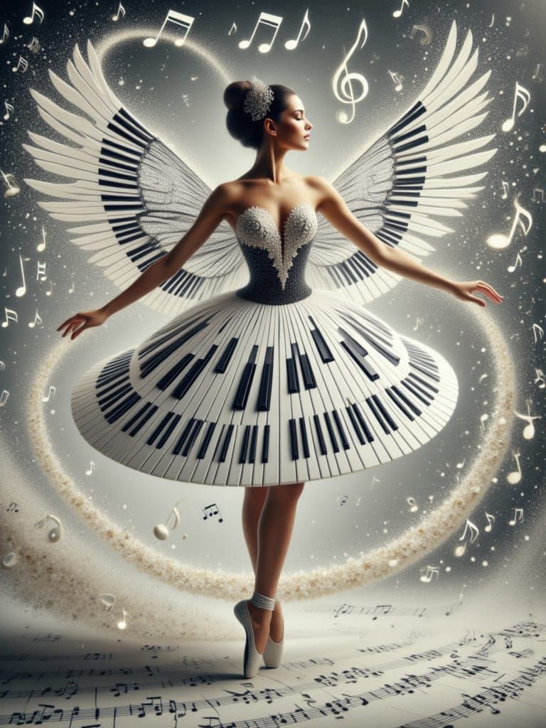 Elegant Ballerina with Piano Dress on Musical Background