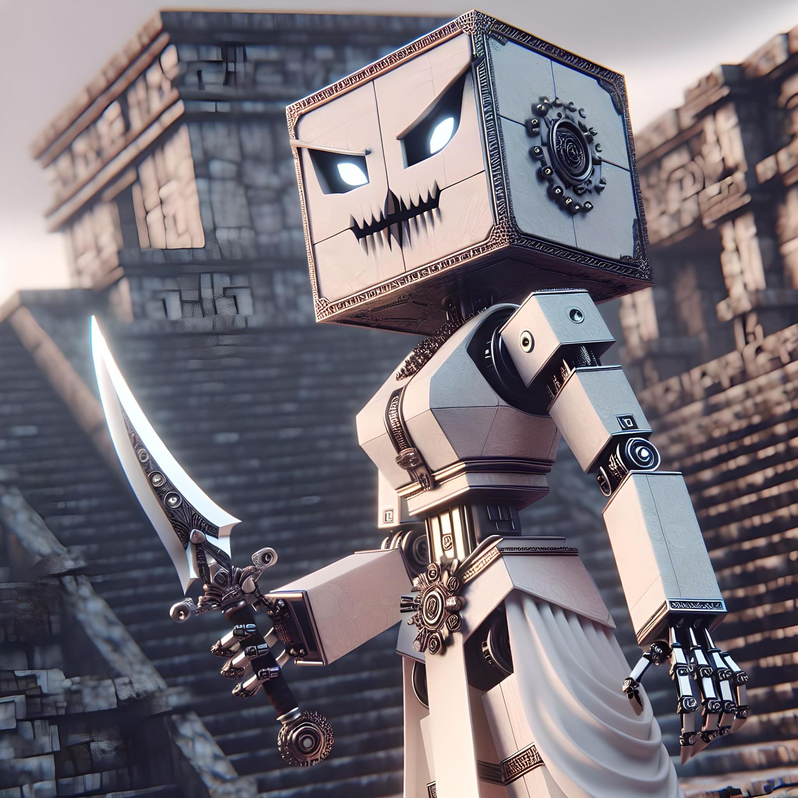 Block Robot Assassin in Dark-Pastel Fantasy Style