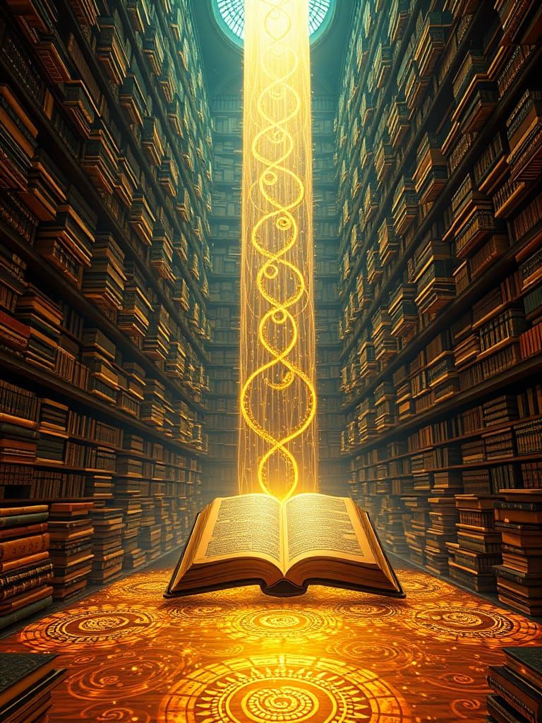 Majestic Bioluminescent Library with Cascading Books