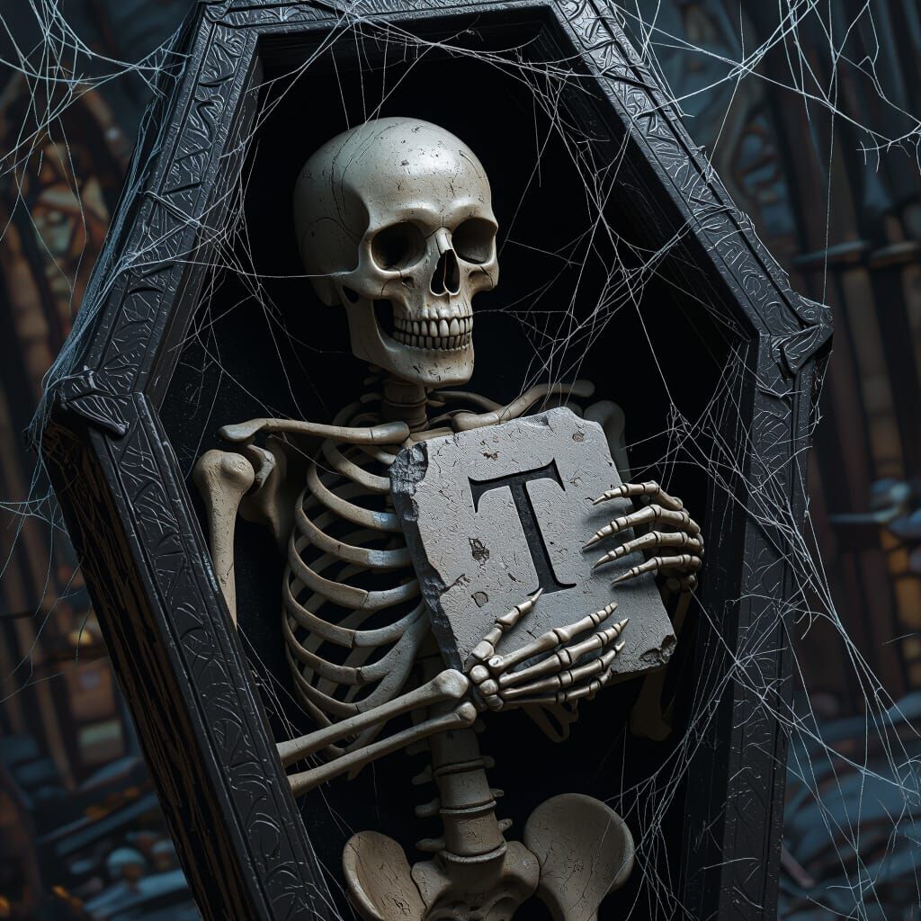 Skeleton in Gothic Coffin Holds Stone Tablet with 'T'