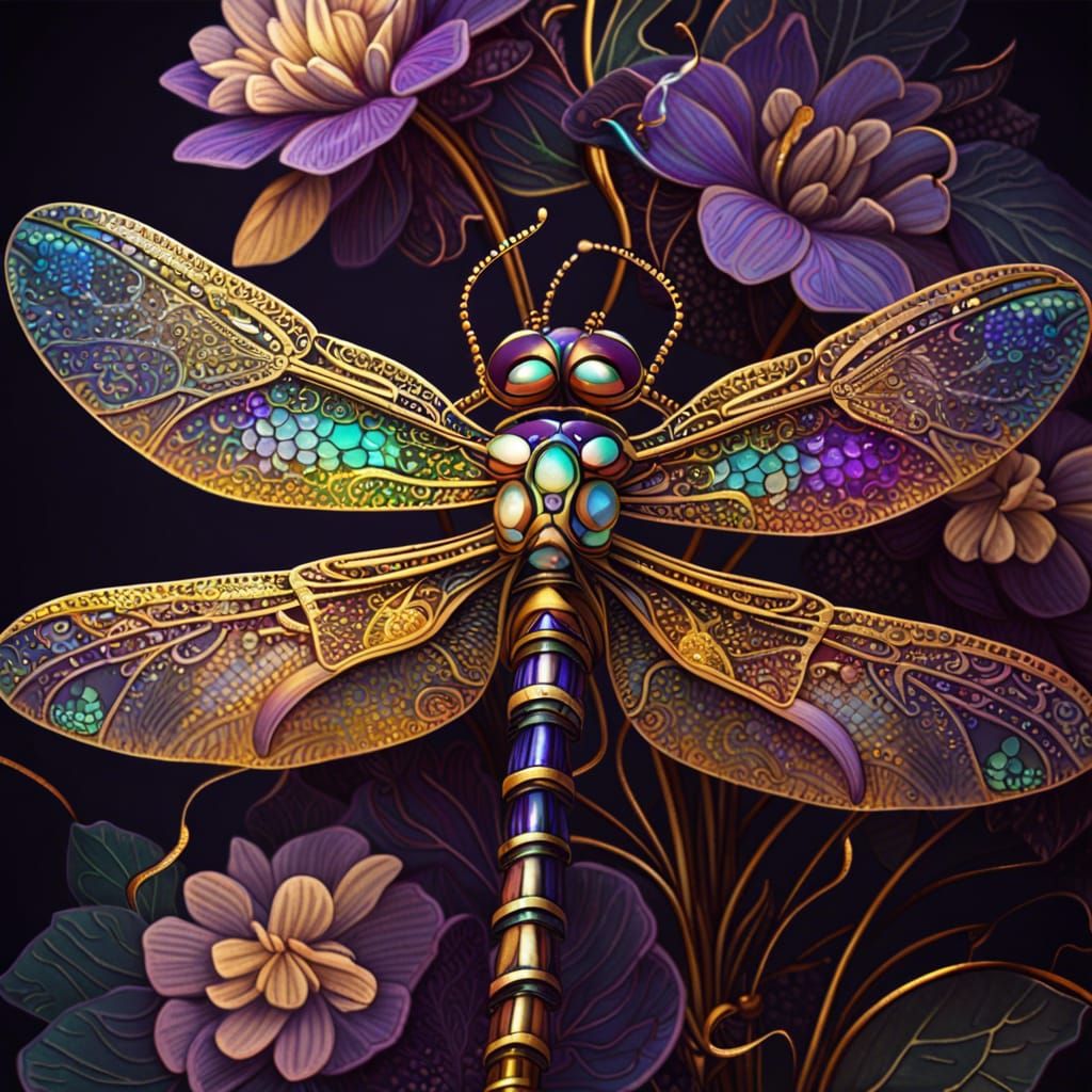 Golden Dragonfly with Iridescent Eyes in Graffiti Art