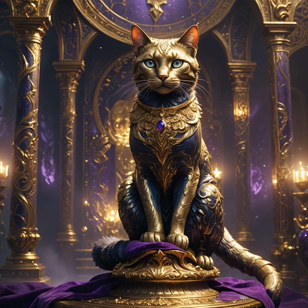 Golden Cat on Velvet Pedestal: Fantasy Art