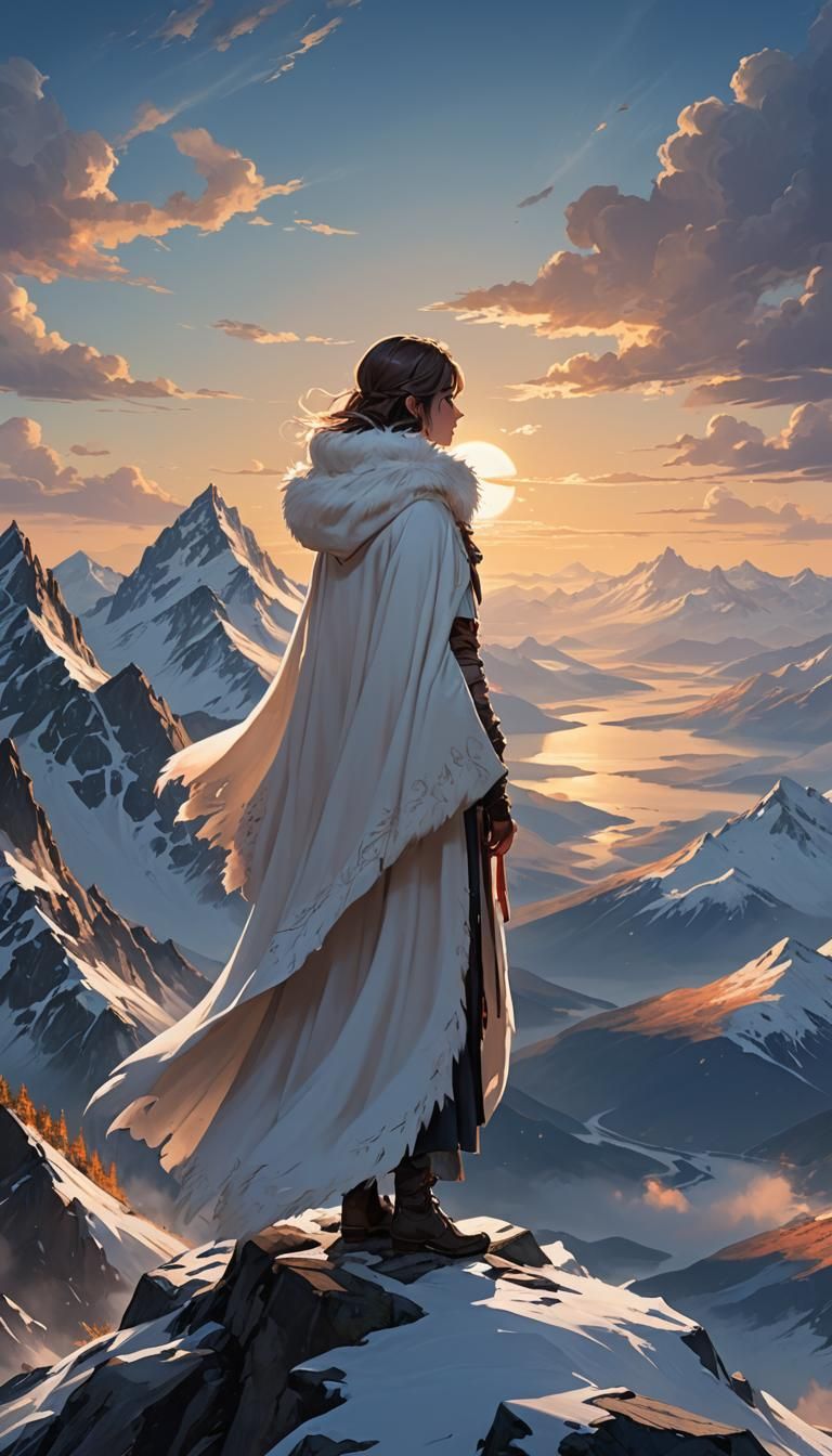 Woman on Alaskan Peak Gazing at Midnight Sun