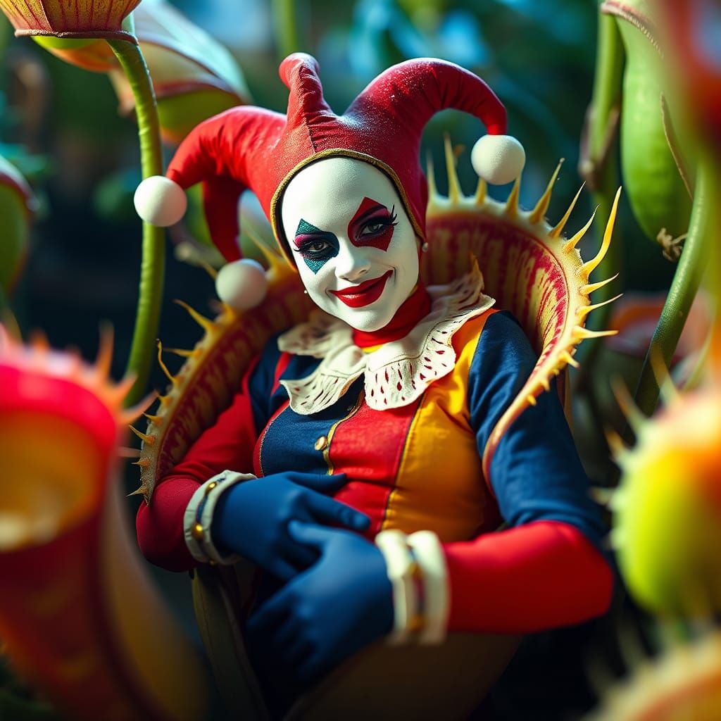 Surreal Jester Confronts Carnivorous Flower in Neon-Lit Drea...