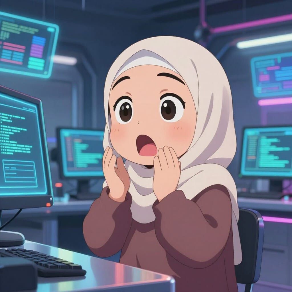 Cute Hijabi Girl Amazed in Futuristic Coding Lab Anime Style