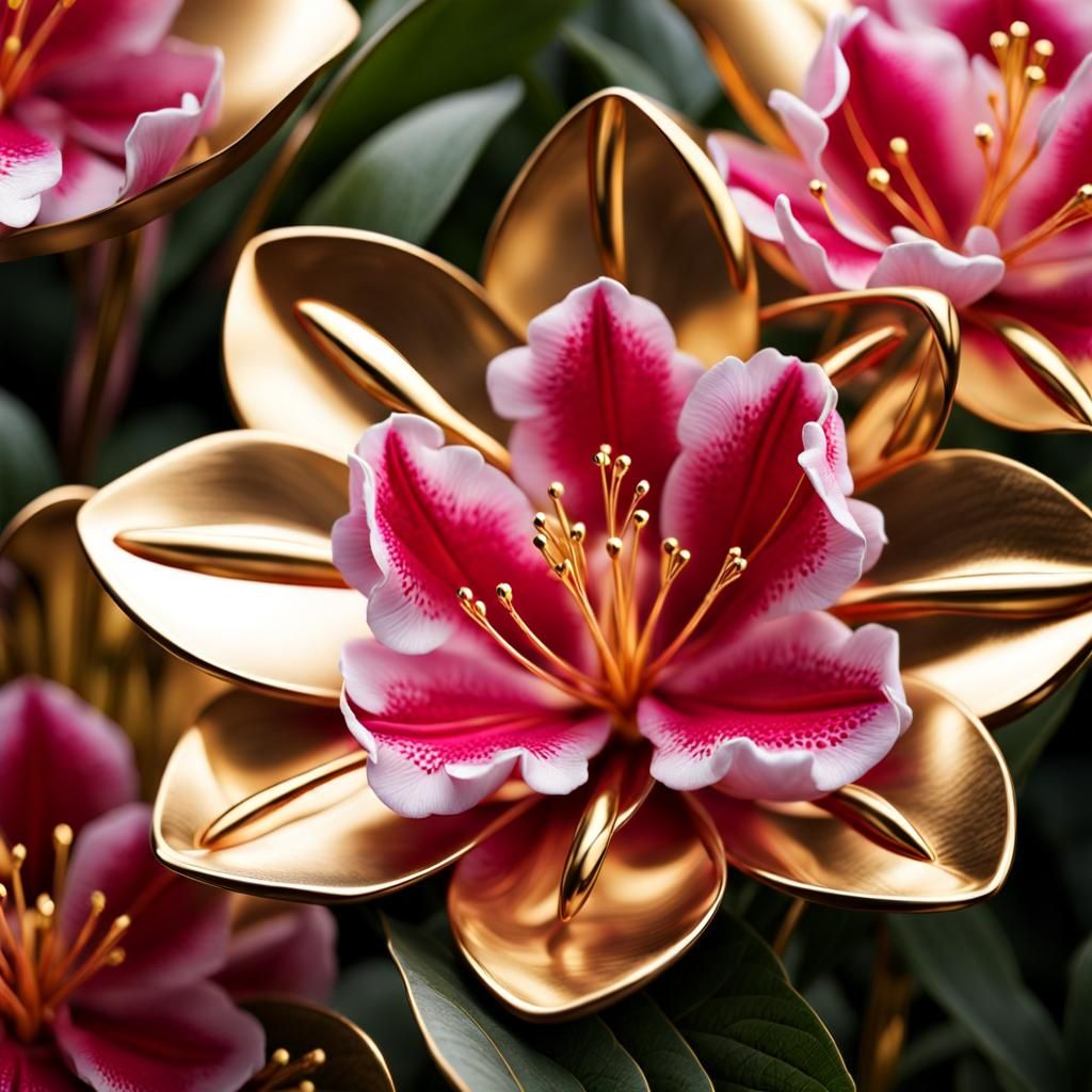 Hyperrealistic Metal Rhododendron Flower in Garden