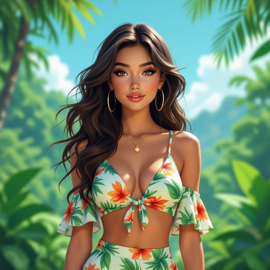 Glamorous Model in Rainforest, 3D Anime Art Style