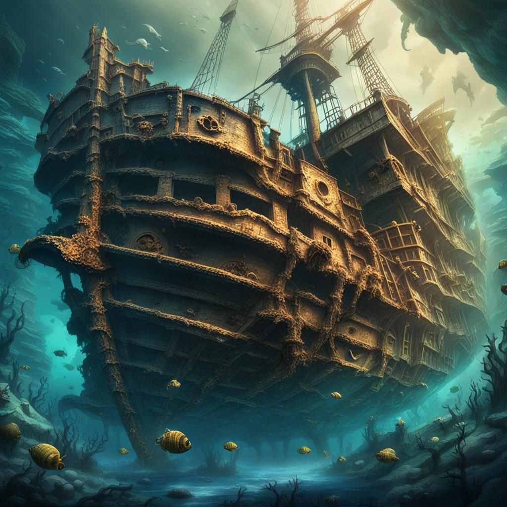 Ethereal Underwater Shipwreck in Vintage Fantasy Art Style