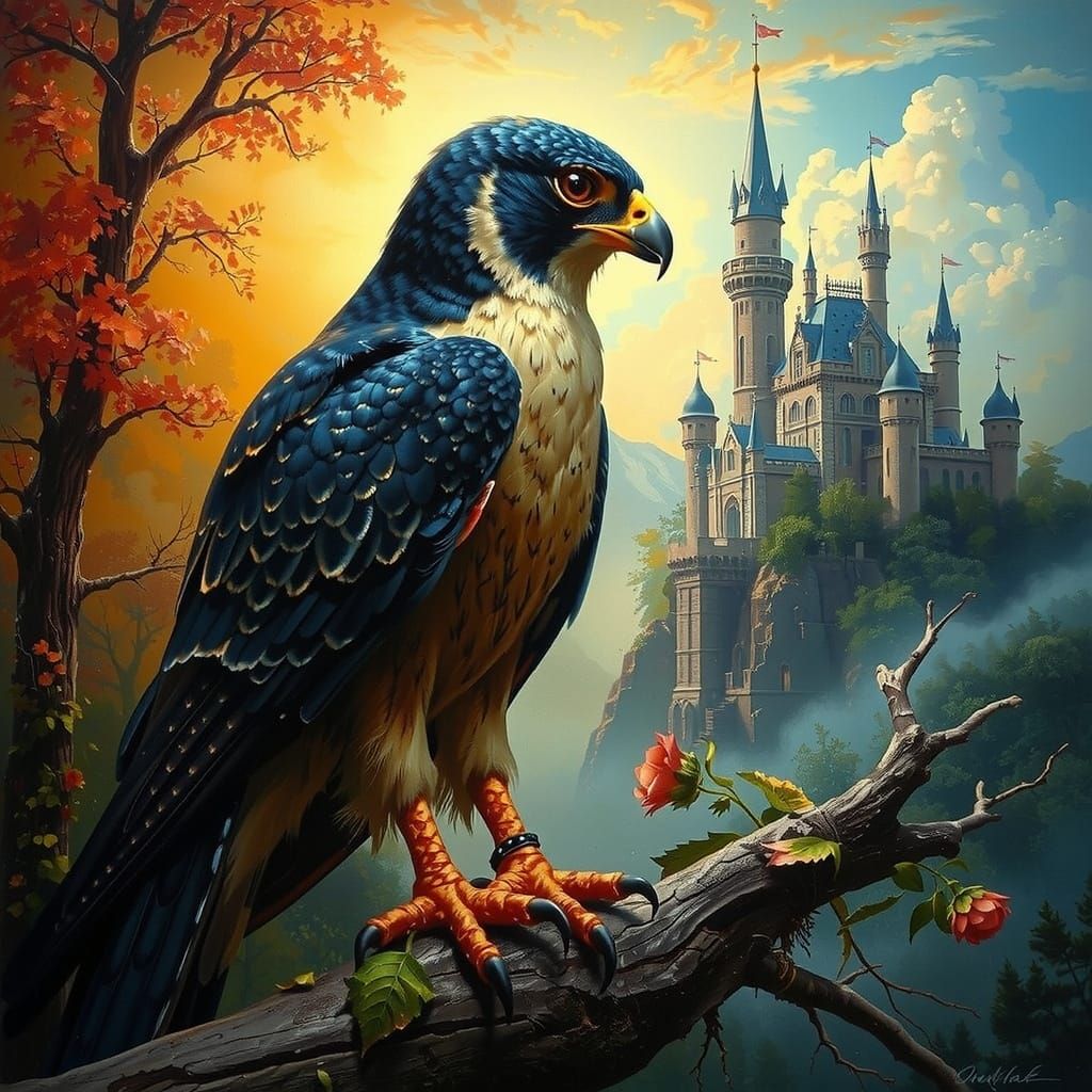 Ethereal Peregrine Falcon Soars Amidst Vibrant Castle Fog