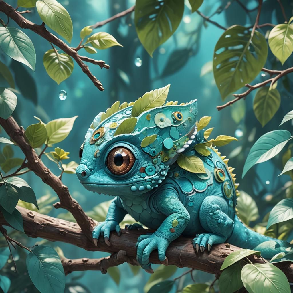 Adorable Turquoise Chameleon in 3D Anime Art