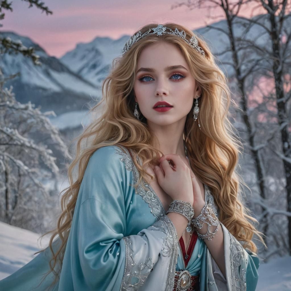 Ethereal Goddess in Snowy Aurora Landscape