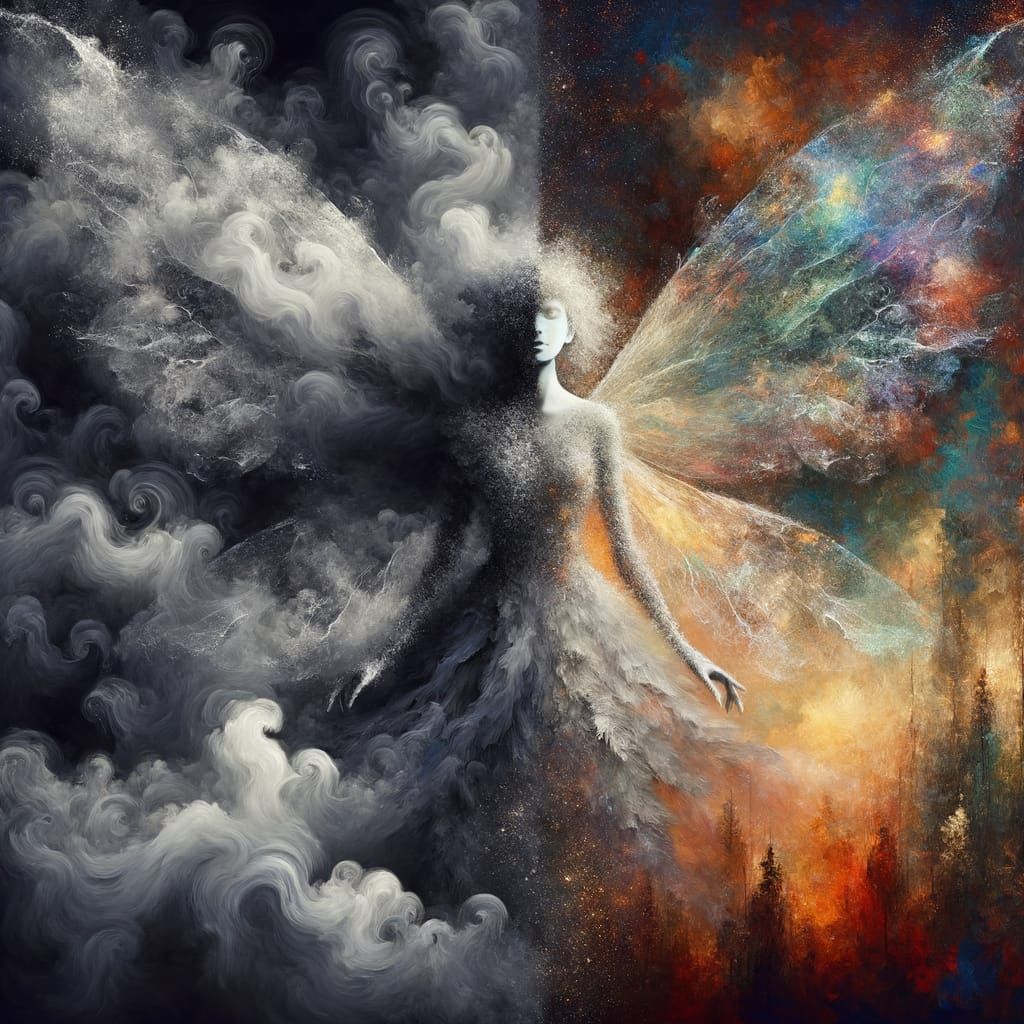 Smoke Fairy: Duality in a Dark Fantasy Landscape