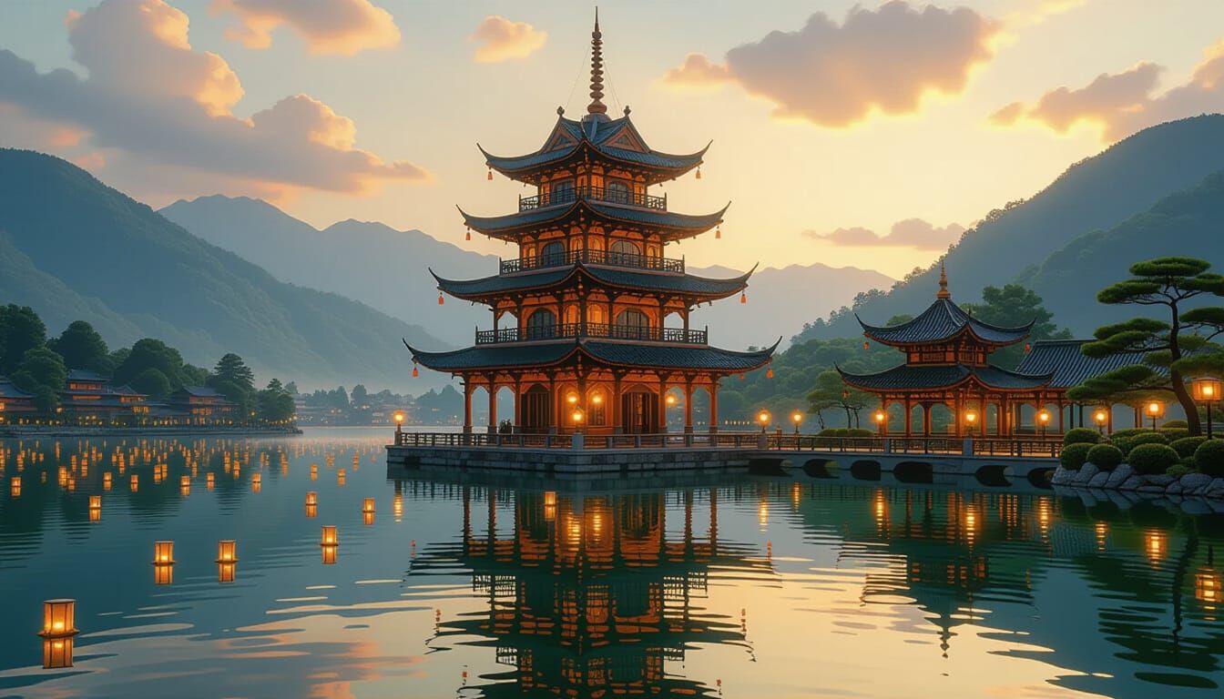 Vibrant Lantern Festival at Serene Lake Pagoda in Art Nouvea...