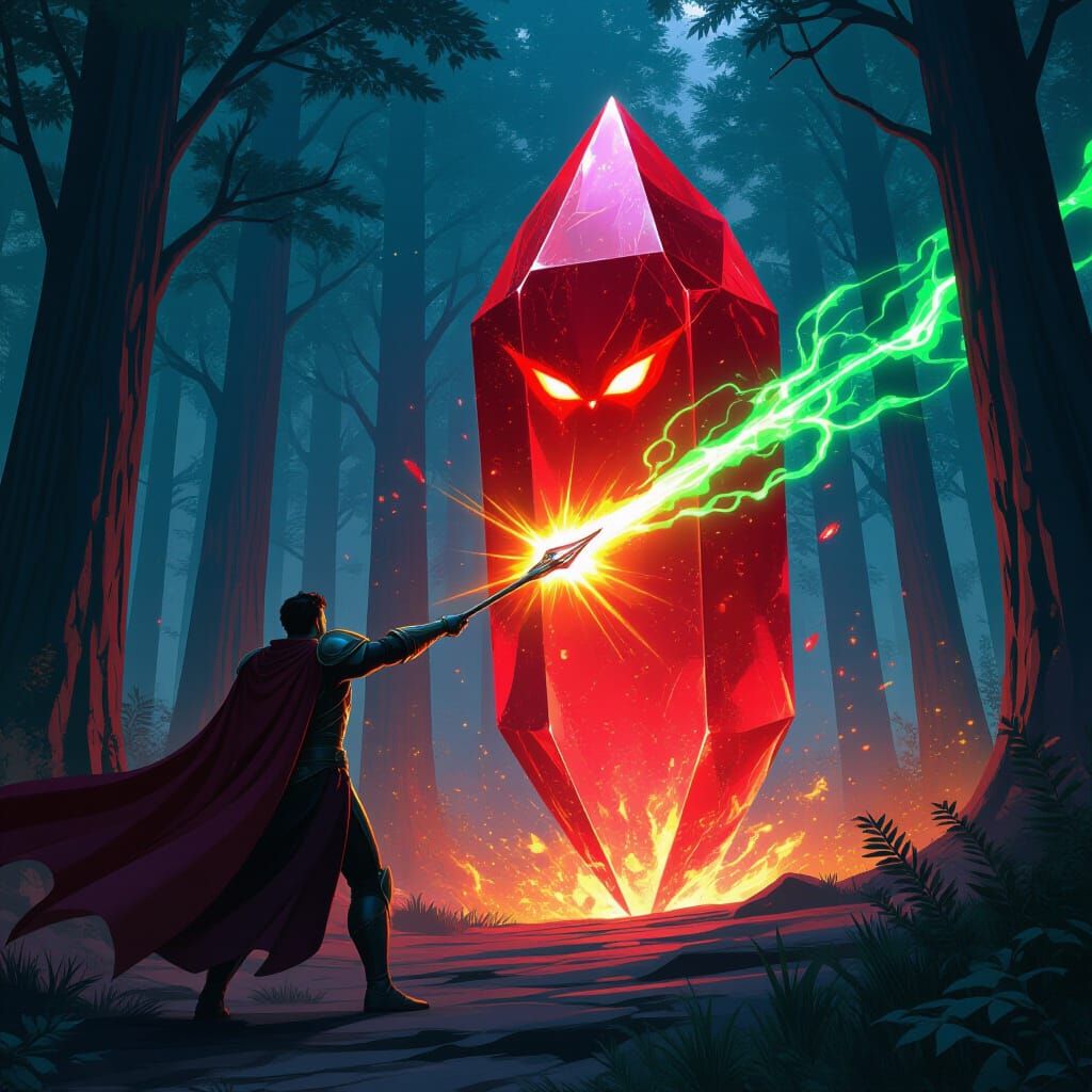 Hero Confronts Evil Crystal in Celestial Forest