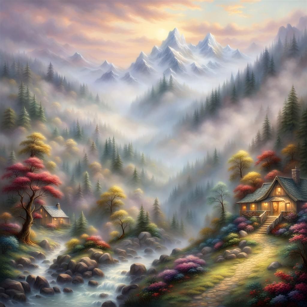 Misty Mountain Landscape in Ethereal Fantasy Style