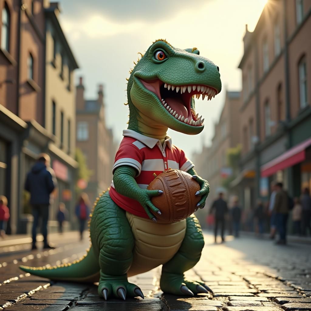 Cute Dinosaur Laughing with Rugby Ball in Manchester
