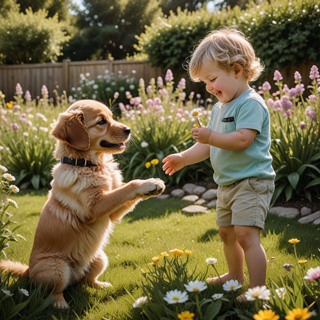 Toddler and Puppy Playing in a Sun-Drenched Garden