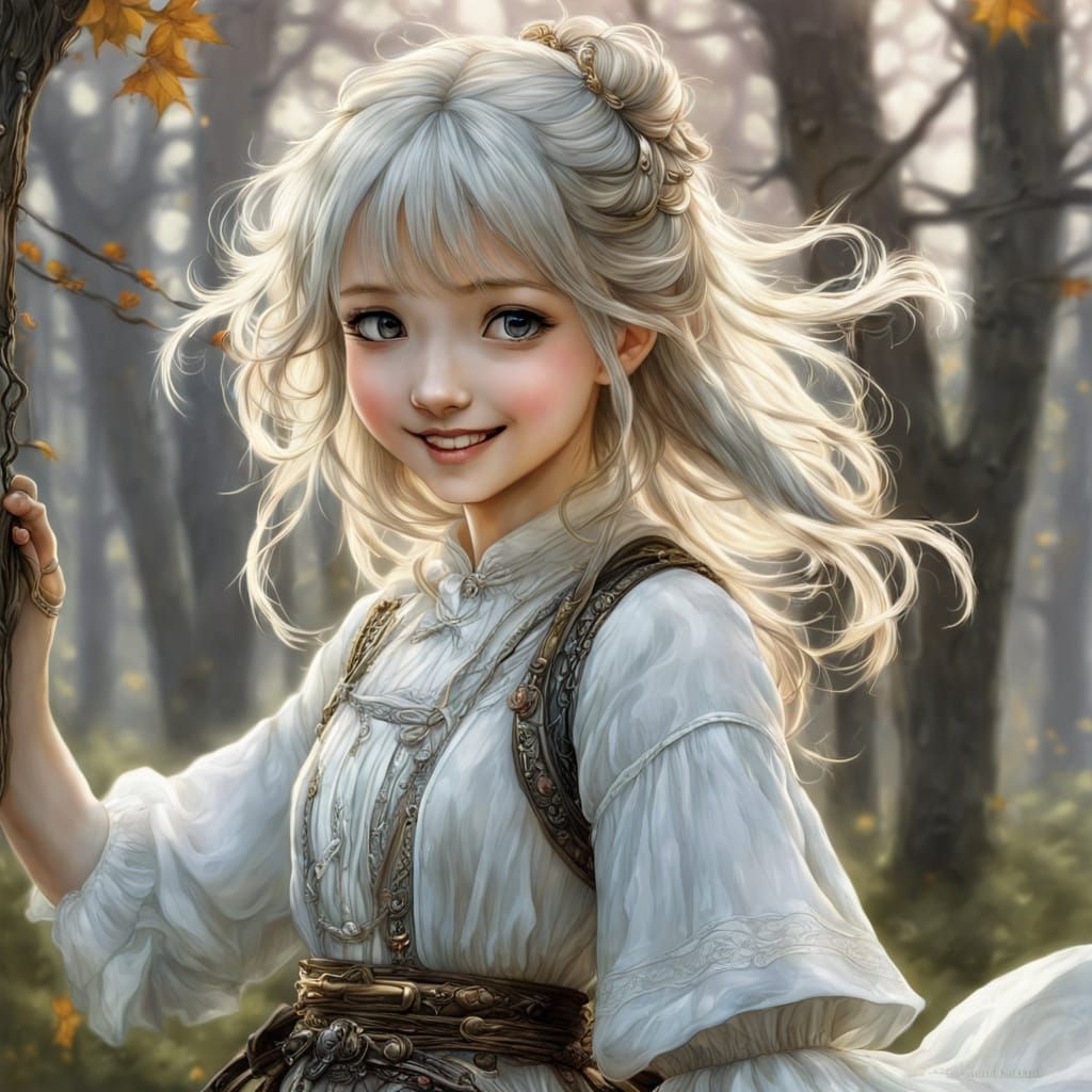 Cheerful Girl in Forest, Rackham Style Anime