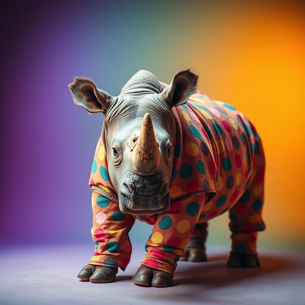 Rhinoceros in Polka-Dot Pajamas: Hyperrealistic Digital Art
