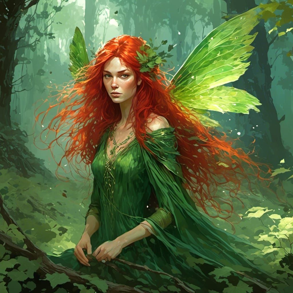 Enchanting Fae Sorceress in Forest with Wisps