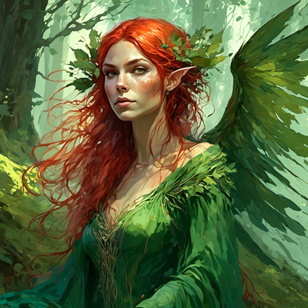 Fae Sorceress with Red Hair and Green Wings
