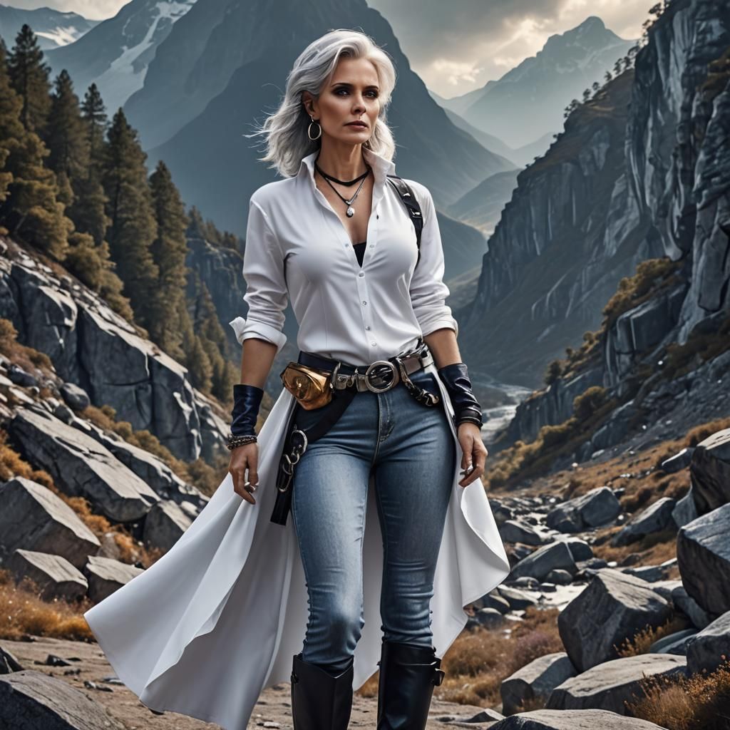 Silver-Haired Woman in Hiking Clothes: Fantasy Concept Art
