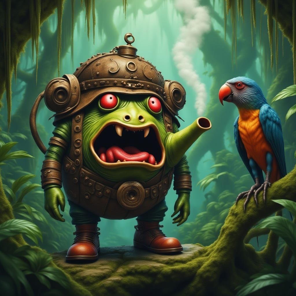 Terrified Teapot Explorer Meets Predator in Surreal Jungle
