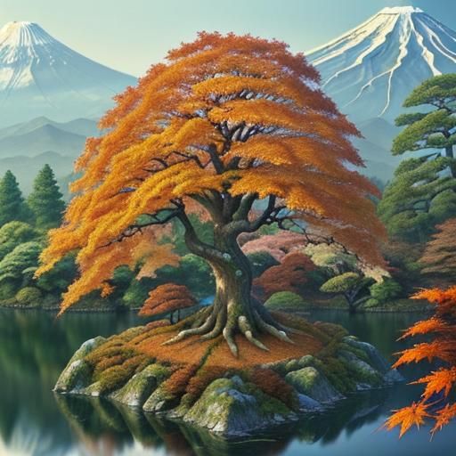 Epic Japanese Autumn Landscape with Sacred Tree