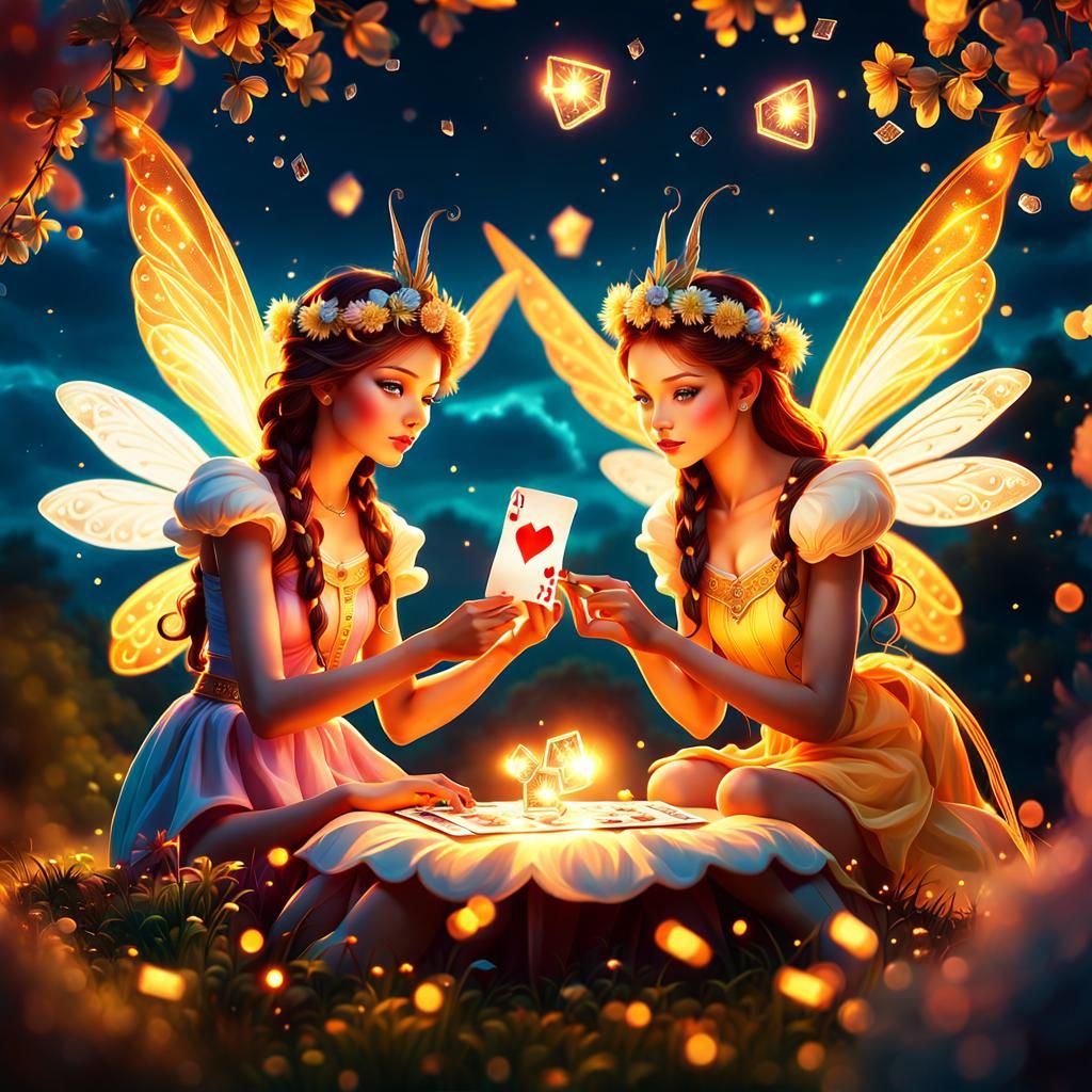 Fairies Card Game at Sunset: Hyper-Realistic Digital Art