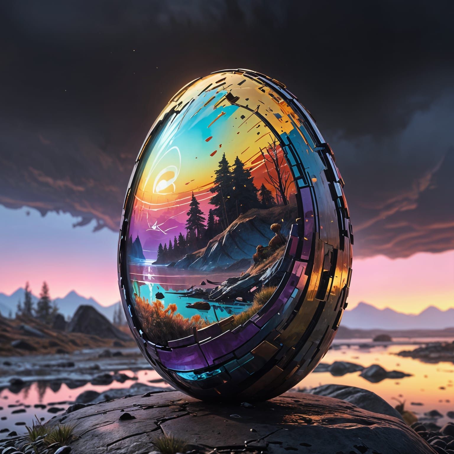 Iridescent Metallic Easter Egg in Maximalist Fantasy Style