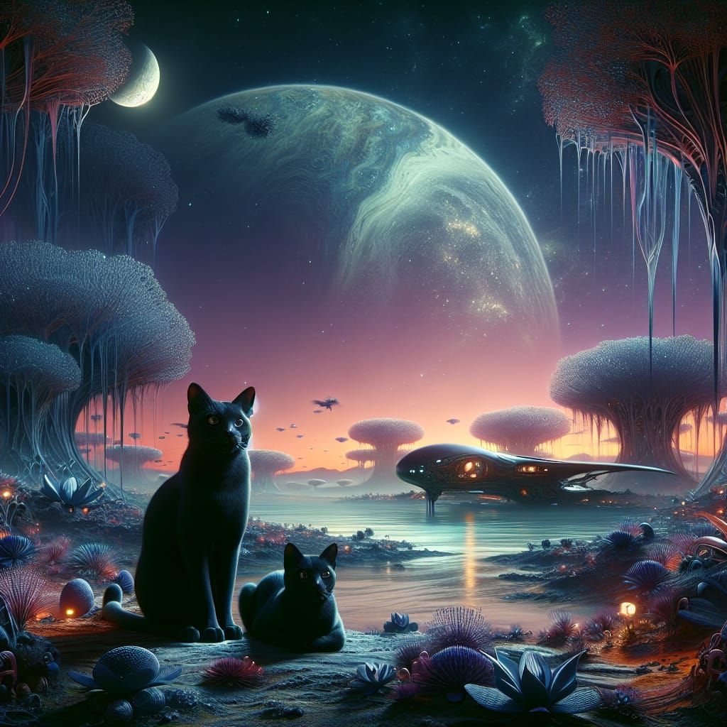 Ebony Felines on an Alien Oasis Shore
