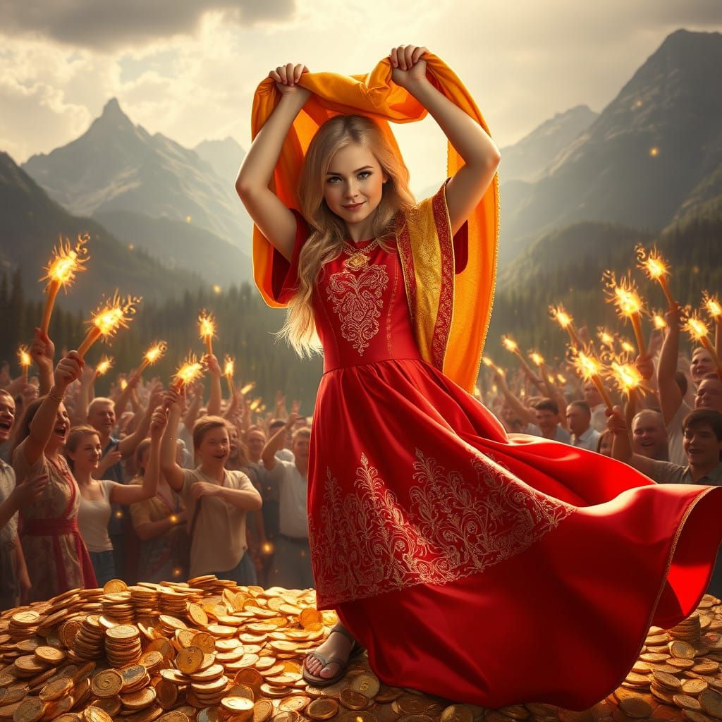 Blonde Alice in Wonderland Poses with Golden Ram Fleece Shaw...