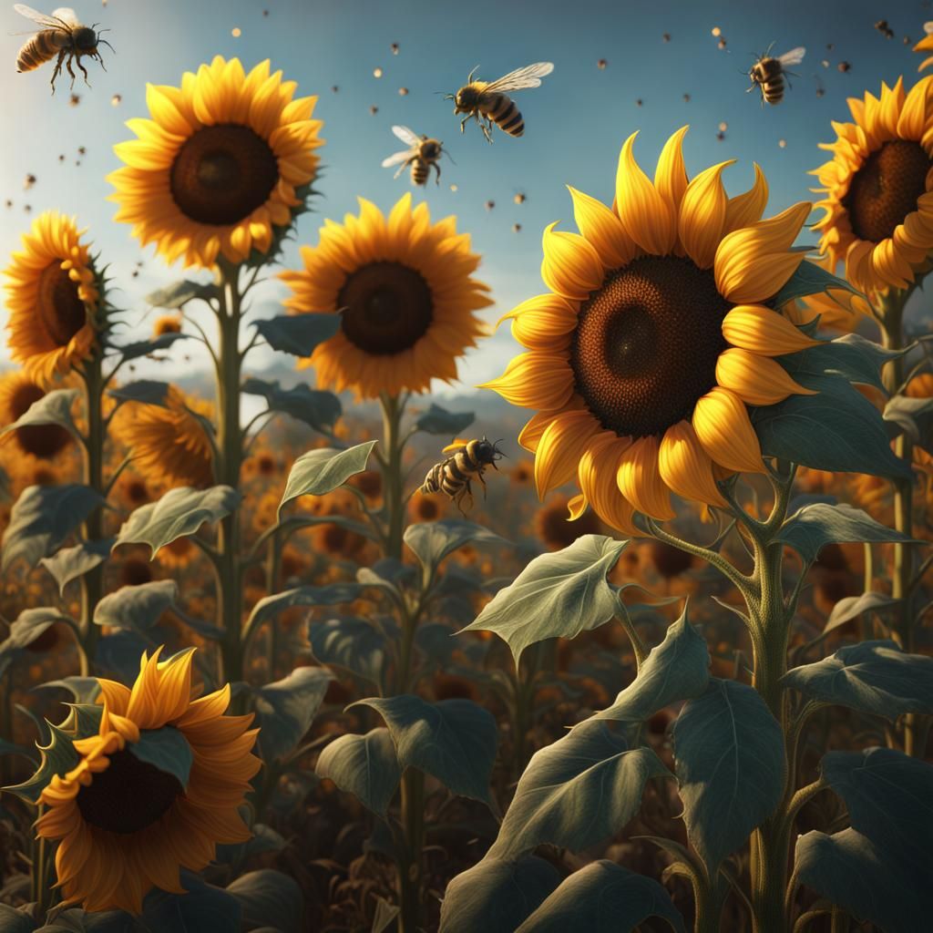 Sunflowers and Bees: Detailed Matte Painting
