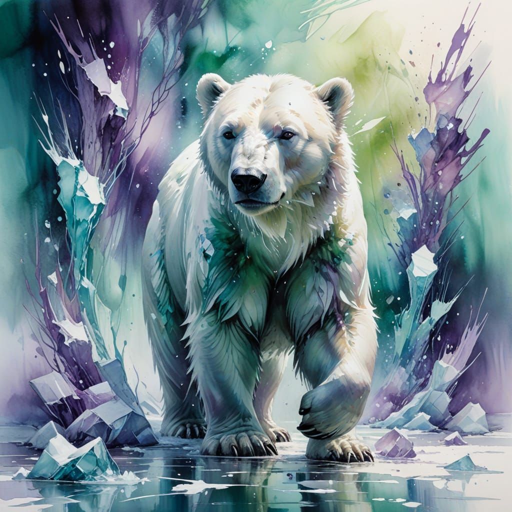 Polar Bear on Frozen Lake Under Aurora