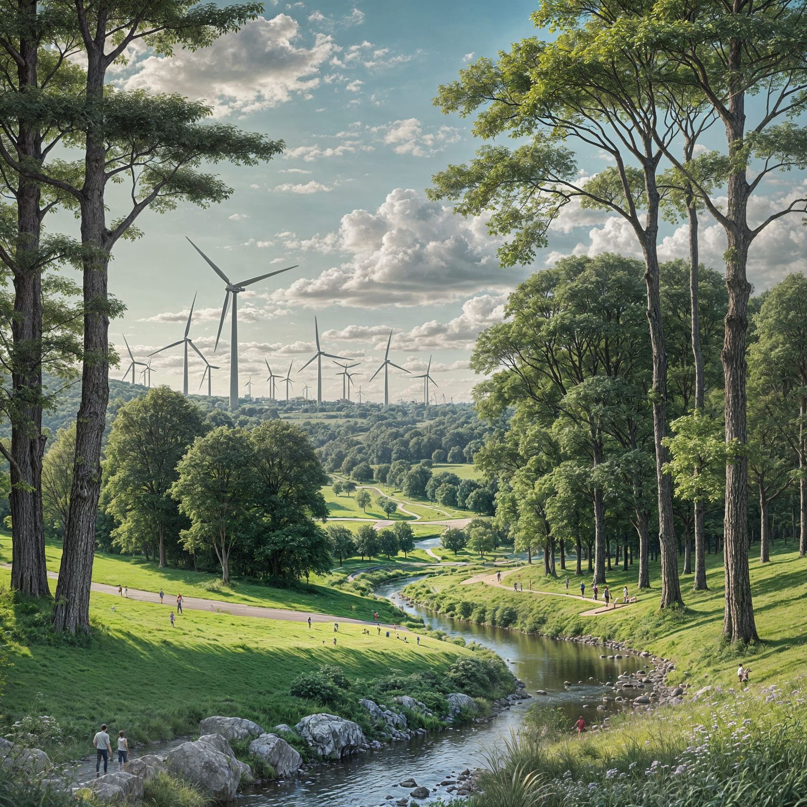 Serene Parkland Oasis with River and Wind Turbines