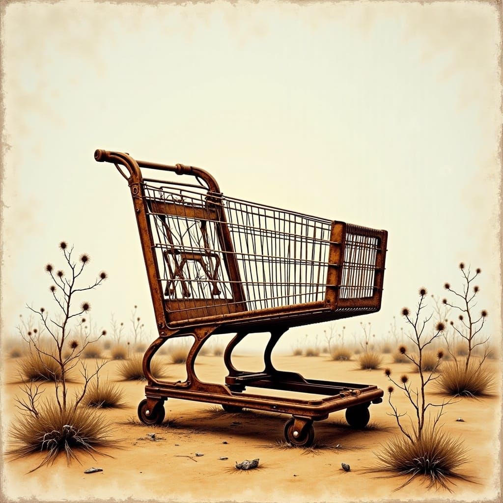 Desolate Shopping Cart in Dreamy Watercolor Landscape