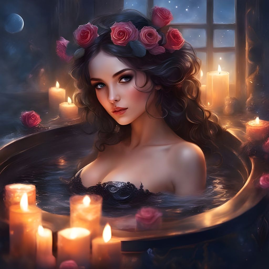 Beautiful Tatar Girl in Bath with Roses, Detailed Portrait